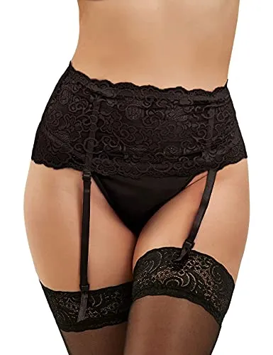 ohyeahlady Women's 4 Straps Lace Suspender Garter Belts Plus Size with G-String for Stockings Black UK 16 18 steampunk buy now online
