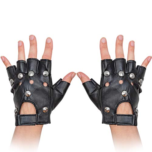 Skeleteen Gothic Fingerless Biker Gloves - 80s Style Black Leather Punk Biker Gloves with Studs for Men Women and Kids steampunk buy now online