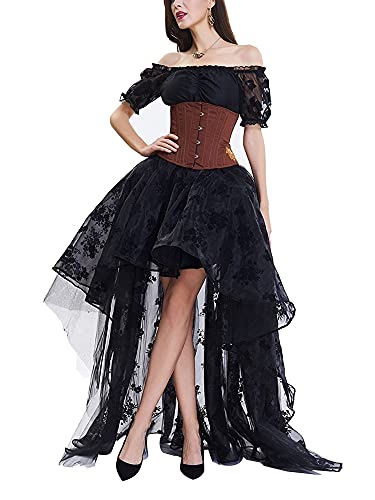 Huyghdfb Women's Mesh Embroidery Lace High Low Skirt Tulle Asymmetrical Victoria Gothic Long Maxi Skirt Party (Black, Medium) steampunk buy now online