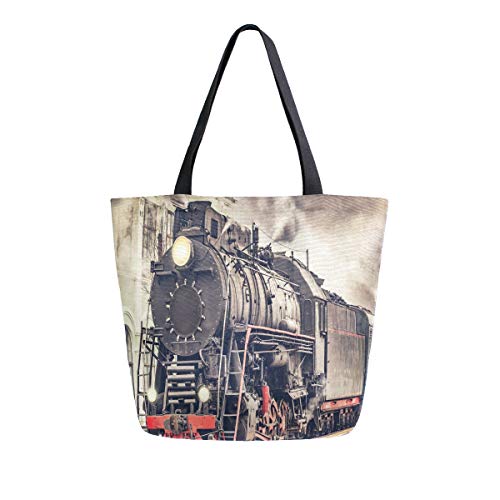 Hunihuni Canvas Tote Bag Vintage Express Steam Train Large Reusable Grocery Bags Shopping Shoulder Handbag for Woman Girl steampunk buy now online