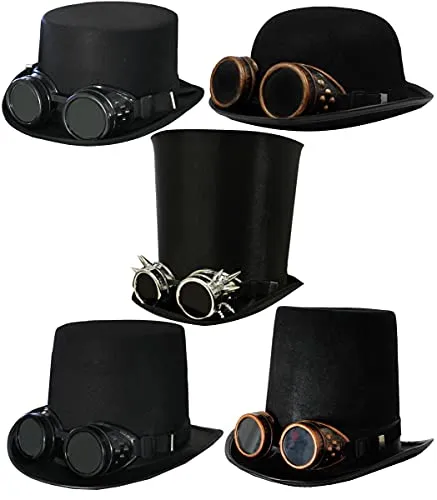 Steampunk Black Bowler Hat with Bronze Goggles – Adults Gothic Fancy Dress Victorian Hat Accessory steampunk buy now online