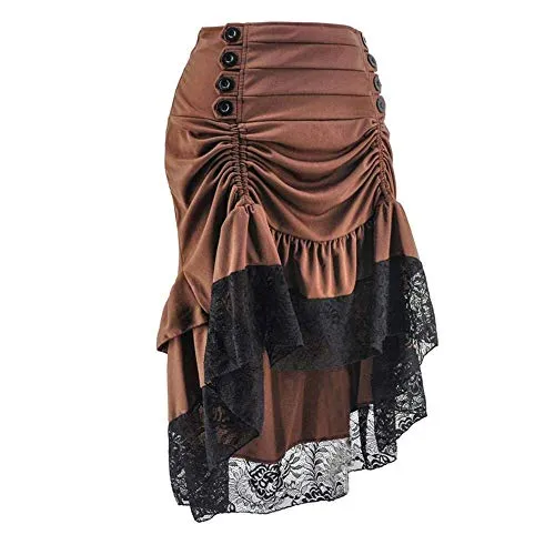 Qbuds Adjustable Ruffle High Low Gothic Skirt Plus Size Long Vintage Fishtail Steampunk Corset Skirt Long Dress for Women (Brown, 5XL) steampunk buy now online