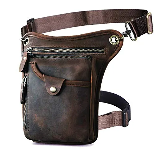 Le'aokuu Mens Genuine Leather Motorcycle Waist Pack Messenger Shoulder Drop Leg Bag (211-5 A-Dark Brown) steampunk buy now online