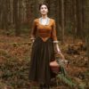 Claire green mustard linen costume midi set, Fraser cosplay with floral goblincore apron, hobbitcore clothes by MayaHotenkoDress steampunk buy now online