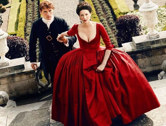 Outlander Claire red dress Replica season 2 Christmas Dress Gown Cosplay costume Paris Parisian gown Custom teen and adult size by BelginBoutique steampunk buy now online