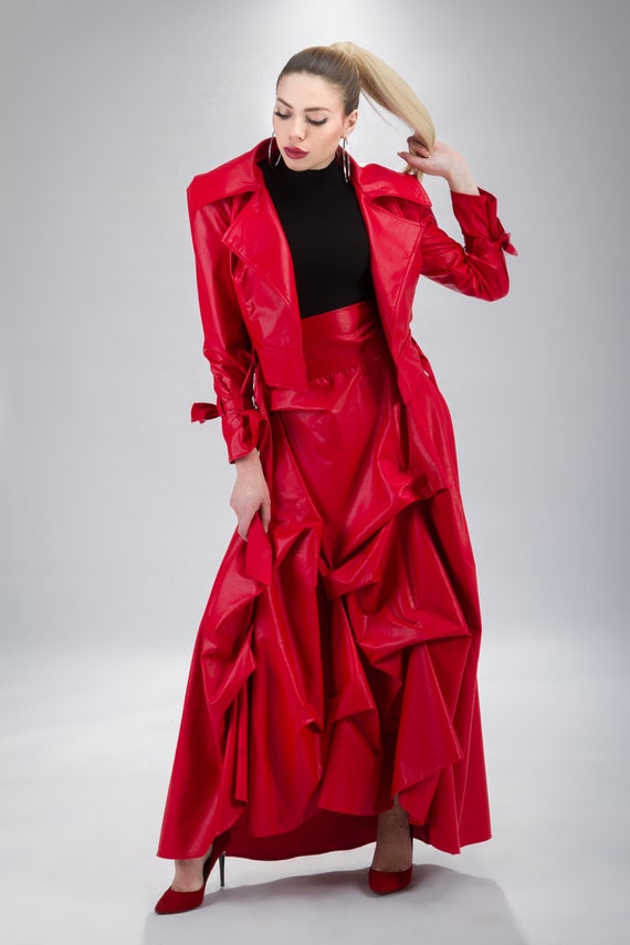 Red Jacket & Skirt Set, Faux Leather Party Wedding Cocktail Set, Floor Length Peasant Skirt, Short Rocker Jacket Formal Bold Extravagant Set by VirginSkin4UShop steampunk buy now online