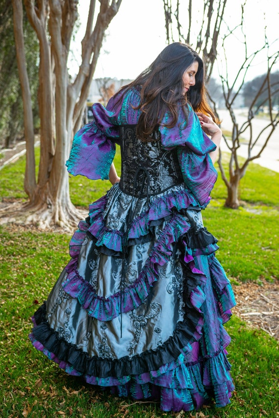 Wild West Skirt, Silver, Black/Purple Shimmer Ruffles, Pirate Skirt, Western, Steampunk, Victorian, Pirate, High-Low, Fairy, Renaissance by SilverLeafCostumes steampunk buy now online