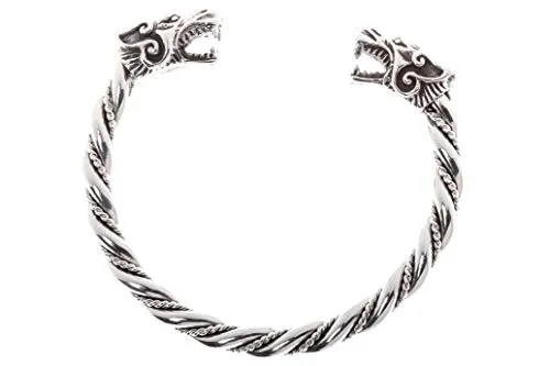 Windalf Aracor Large Men's Bangle Diameter 6.5 cm with 2 Wolf Heads Viking Jewellery 925 Sterling Silver steampunk buy now online