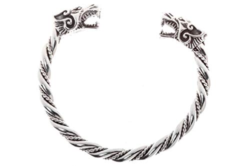 Windalf Aracor Large Men's Bangle Diameter 6.5 cm with 2 Wolf Heads Viking Jewellery 925 Sterling Silver steampunk buy now online