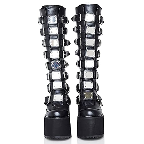 Womens Chunky Platform Knee High Boots High Heel Round-Toe Zip Punk Goth Mid Calf Combat Boots For Women steampunk buy now online