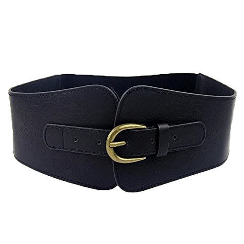 Women Ladies Classic Wide Faux Leather Flower Print Elastic Stretchy Corset Cinch Belt (Black) steampunk buy now online