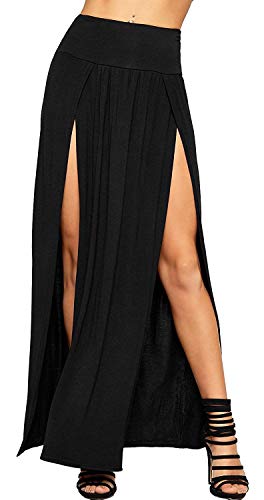 Crazy Girls Womens Long Double Split High Waist Ladies Plain Jersey Stretch Two Side Slit Maxi Skirt (12-14, Black) steampunk buy now online