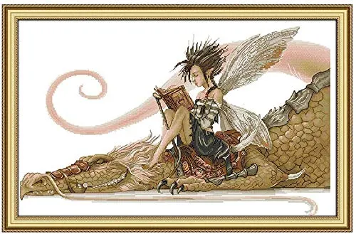 Cross Stitch Kits, DIY Handmade Cross-Stitching Embroidery Kit for Beginners Home Wall Decor Living Room Girl Sat on The Dragon Reading A Book(26.7 * 18 Inch) steampunk buy now online