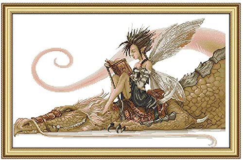 Cross Stitch Kits, DIY Handmade Cross-Stitching Embroidery Kit for Beginners Home Wall Decor Living Room Girl Sat on The Dragon Reading A Book(26.7 * 18 Inch) steampunk buy now online