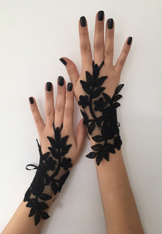 Black lace glove french lace bridal gloves, halloween fingerless gloves black glove burlesque glove guantes steampunk glove goth wedding by WeddingBarefoot steampunk buy now online