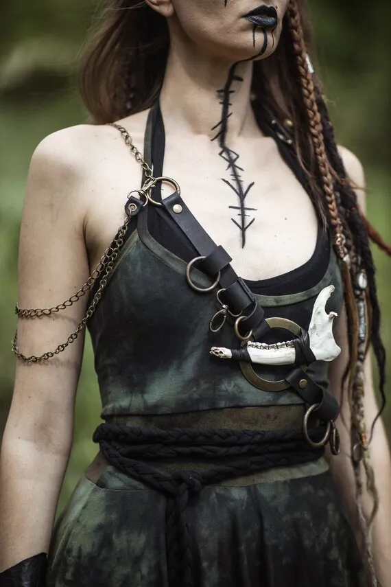 Bone Druids Belt with Elk Jaw - Adjustable Chain Belt - Crossbody, Waist and Hip Belt by QuetzalcoatlWear steampunk buy now online