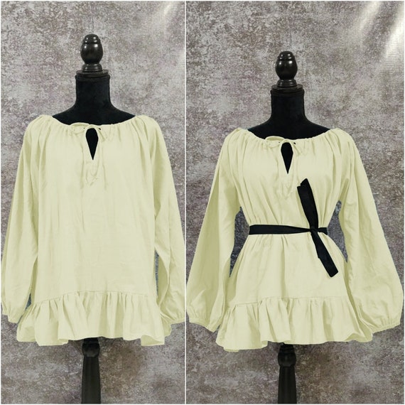 Cream Long Sleeved Renaissance Peasant Cotton Gauze Chemise Shirt Costume Blouse Pirate Medieval Peasant Top Steampunk Bell Sleeve Off (15) by shreeharicolours steampunk buy now online