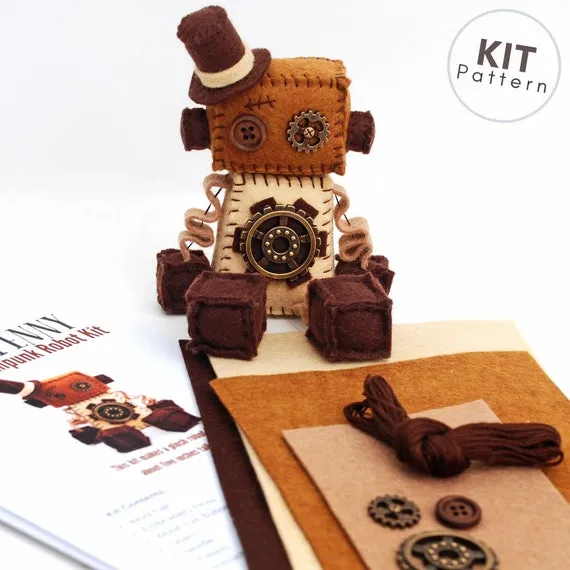 DIY Steampunk Robot Felt Kit - Sew Your Own Robot Plush - Includes Pattern and Supplies - Top Hat and Gears by GinnyPenny steampunk buy now online DIY Steampunk Robot Felt Kit - Sew Your Own Robot Plush - Includes Pattern and Supplies - Top Hat and Gears by GinnyPenny steampunk buy now online