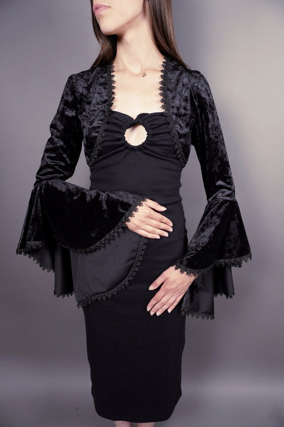 Glam Elegant black velvet BOLERO cape, shrug with long belly sleeves, festivals, prom, Halloween, New Year's Eve by SophieAndHerStore steampunk buy now online