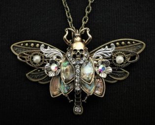 Gothic Art nouveau Death's Head Hawkmoth and bronze dragonfly pendant necklace + abalone-style inlays, half pearls, & rhinestone crystals by KindHeartsEmporium steampunk buy now online