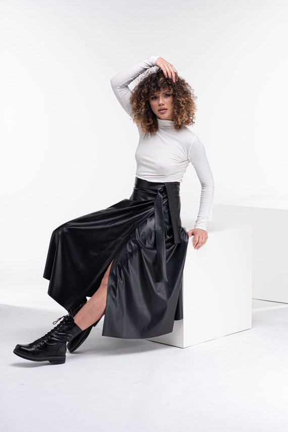 Gothic Leather Skirt, Maxi Wrap Skirt, Long Steampunk Skirt, Black Cosplay Skirt, High Waisted Skirt by Fraktura steampunk buy now online