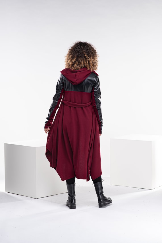 Long Sweater Coat, Hooded Leather Cloak, Wool Cape Coat, Cyberpunk Clothing by Fraktura steampunk buy now online