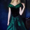 Pretty 80s party dress / glamour trophy dark green taffeta with black velvet corset gown in / drop shoulder prom bridesmaid dress by andeebird steampunk buy now online