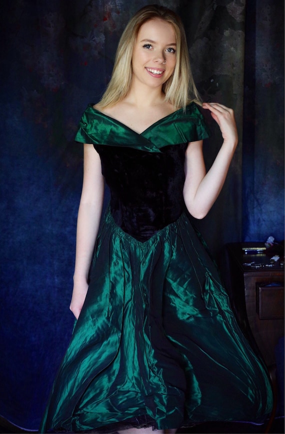 Pretty 80s party dress / glamour trophy dark green taffeta with black velvet corset gown in / drop shoulder prom bridesmaid dress by andeebird steampunk buy now online