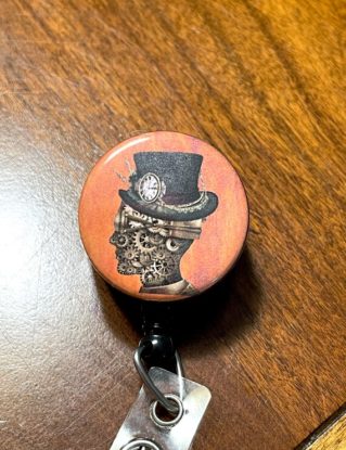 Steampunk badge Reel head gears hat tag retractable lanyard id holder engineer doctor unique gift idea unisex cool male guy by GumpsArtBadgeReels steampunk buy now online
