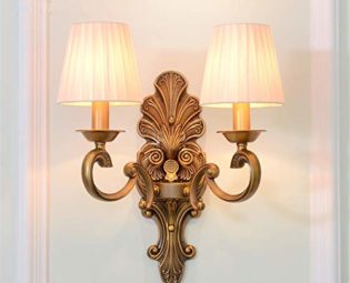Vintage Wall Lights Indoor Simple Retro American Rural Base Carved Design Double Head Pleated Fabric Shade Full Copper Brass Wall Lamp E14 Bedside Lighting for Living Room Bedroom Study Hallway steampunk buy now online