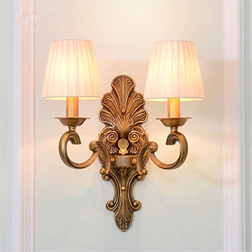 Vintage Wall Lights Indoor Simple Retro American Rural Base Carved Design Double Head Pleated Fabric Shade Full Copper Brass Wall Lamp E14 Bedside Lighting for Living Room Bedroom Study Hallway steampunk buy now online