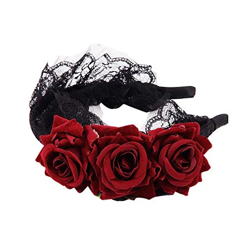 Flower Crown Headband Rose Headdress for Girls Ladies Women Floral Headwear Festival Maid Gothic Headband Black Lace Hair Hoop for Halloween Costume Accessory,Cosplay,Festival Vintage Fancy Decor steampunk buy now online