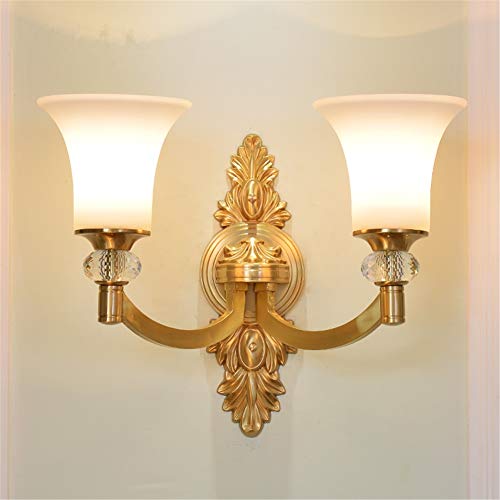 Wall Lights Indoor American Creative Simple Double Head E14 Bedside Lighting Glass Lampshade Crystal Decoration Carving Base Full Copper Brass Wall Lamp for Living Room Bedroom Hallway steampunk buy now online