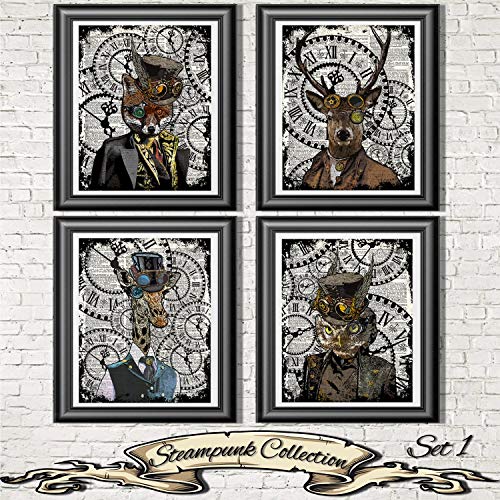 Steampunk Animals Wall art on Antique dictionary book pages. Set of 4 prints, Fox print, Giraffe print, owl print and Stag print steampunk buy now online