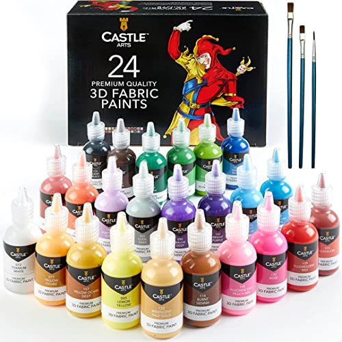Castle Art Supplies 3D Fabric Paint Set | 24 Quality Vibrant Colours in 29ml Bottles | for Artists; for Crafters; for Fun | Clothing, Textile, Canvas, Glass, Wood, Shoes | in Strong Selection Box steampunk buy now online