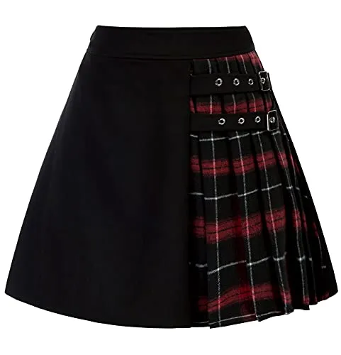 SCARLET DARKNESS Plaided Patchwork Skirt Women Steampunk Elastic Waist Pleated A-Line M Dark Red+Black 93A21-01 steampunk buy now online