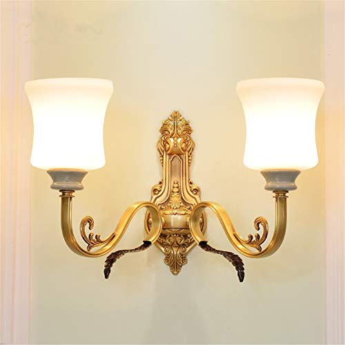 Wall Lights Indoor European Retro American Simple Double Head E14 Bedside Lighting Glass Lampshade Ceramics Decoration Carving Base Full Copper Brass Wall Lamp for Living Room Bedroom Hallway steampunk buy now online