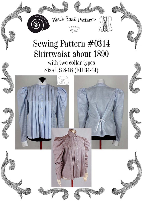 Edwardian Shirtwaist about 1890 with two collar types Sewing Pattern #0314 Size US 8-30 (EU 8-56) PDF Download by BlackSnailPatterns steampunk buy now online