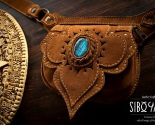 Leather Utility Belt - Festival Belt - Waist Bag with LABRADORITE Stone <Model: KUSHA> Suede Leather HANDMADE by SiboYanke www.siboyanke.com by SiboYanke steampunk buy now online
