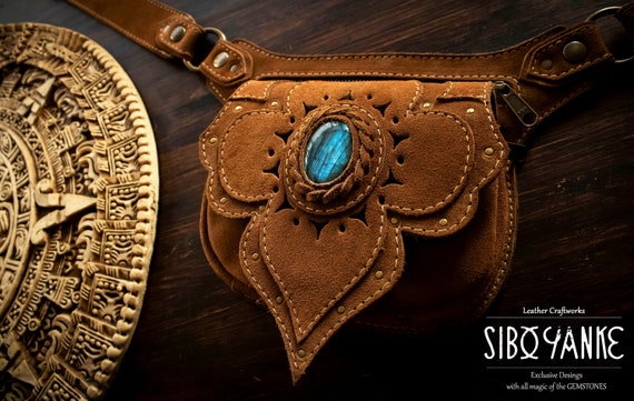 Leather Utility Belt - Festival Belt - Waist Bag with LABRADORITE Stone <Model: KUSHA> Suede Leather HANDMADE by SiboYanke www.siboyanke.com by SiboYanke steampunk buy now online