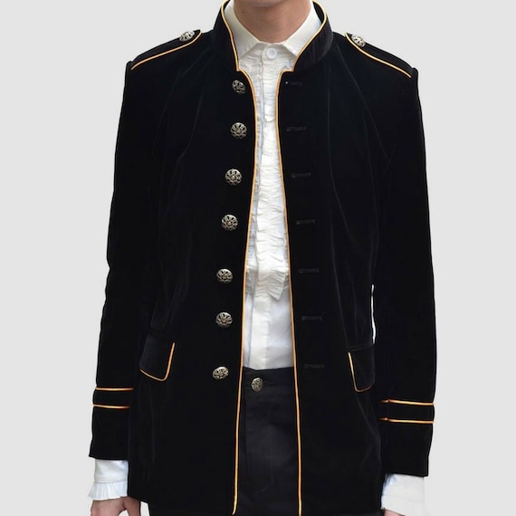 Men's Black Velvet Jacket Black Military Style With Yellow piping,Men's Gothic fashion coat by JUdesignsGB steampunk buy now online