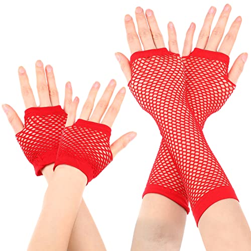 Fishnet Gloves 2 Pairs Long and Short Fishnet Fingerless Gloves Stretchy Mesh Retro Gloves Women 80s Party Gloves Stretchy Fingerless Gloves for Dance Disco Costume Parties Supplies (Red) steampunk buy now online