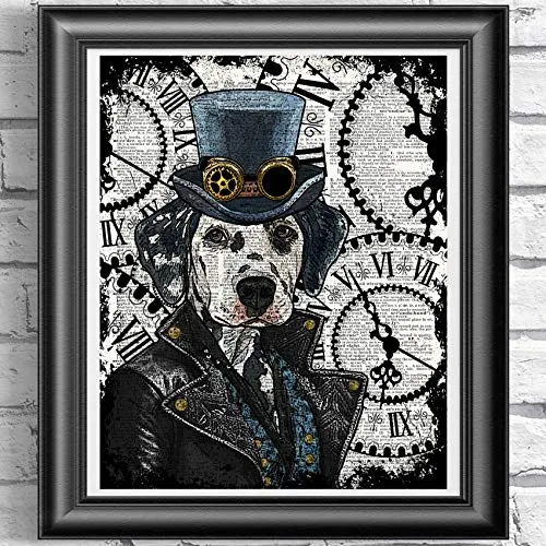Steampunk Dalmatian art print, Dog Home Decor on antique dictionary book page steampunk buy now online