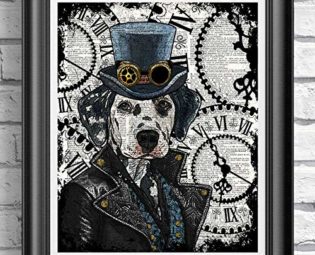 Steampunk Dalmatian art print, Dog Home Decor on antique dictionary book page steampunk buy now online
