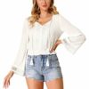 Allegra K Women's Embroidery Lace Peasant Tie Neck Bell Sleeve Smocked Hem Cropped Top White 8 steampunk buy now online