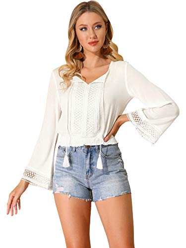Allegra K Women's Embroidery Lace Peasant Tie Neck Bell Sleeve Smocked Hem Cropped Top White 8 steampunk buy now online
