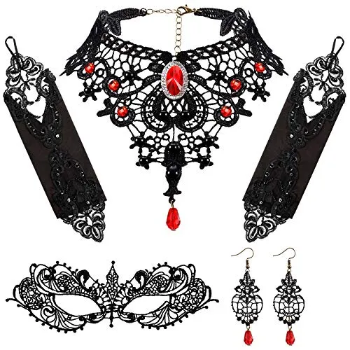 Red Lace Choker Set, Lolita Pendant Choker Necklace with Earrings, Masquerade Face Covering and Lace Fingerless Gloves, Gothic Costume Choker Accessories, Halloween Cosplay Party Decoration for Women steampunk buy now online