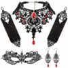 Red Lace Choker Set, Lolita Pendant Choker Necklace with Earrings, Masquerade Face Covering and Lace Fingerless Gloves, Gothic Costume Choker Accessories, Halloween Cosplay Party Decoration for Women steampunk buy now online