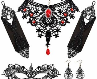 Red Lace Choker Set, Lolita Pendant Choker Necklace with Earrings, Masquerade Face Covering and Lace Fingerless Gloves, Gothic Costume Choker Accessories, Halloween Cosplay Party Decoration for Women steampunk buy now online