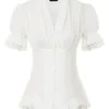SCARLET DARKNESS Pleated Vintage Tops Blouse Lace Up V-Neck Shirt Renaissance 2XL SL2136-1 White steampunk buy now online
